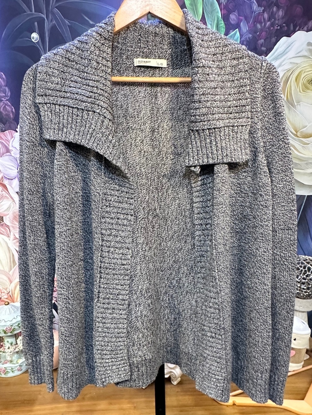 Old Navy L Gray Marled Open Front Cardigan Shawl Collar Casual Preppy Classic